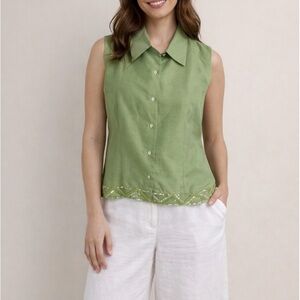 Vision Apparel Green Beaded Raw Silk Sleeveless Blouse Size 14